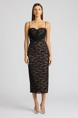 SWEETHEART LACE MIDI DRESS  W/ PLEATED CHIFFON