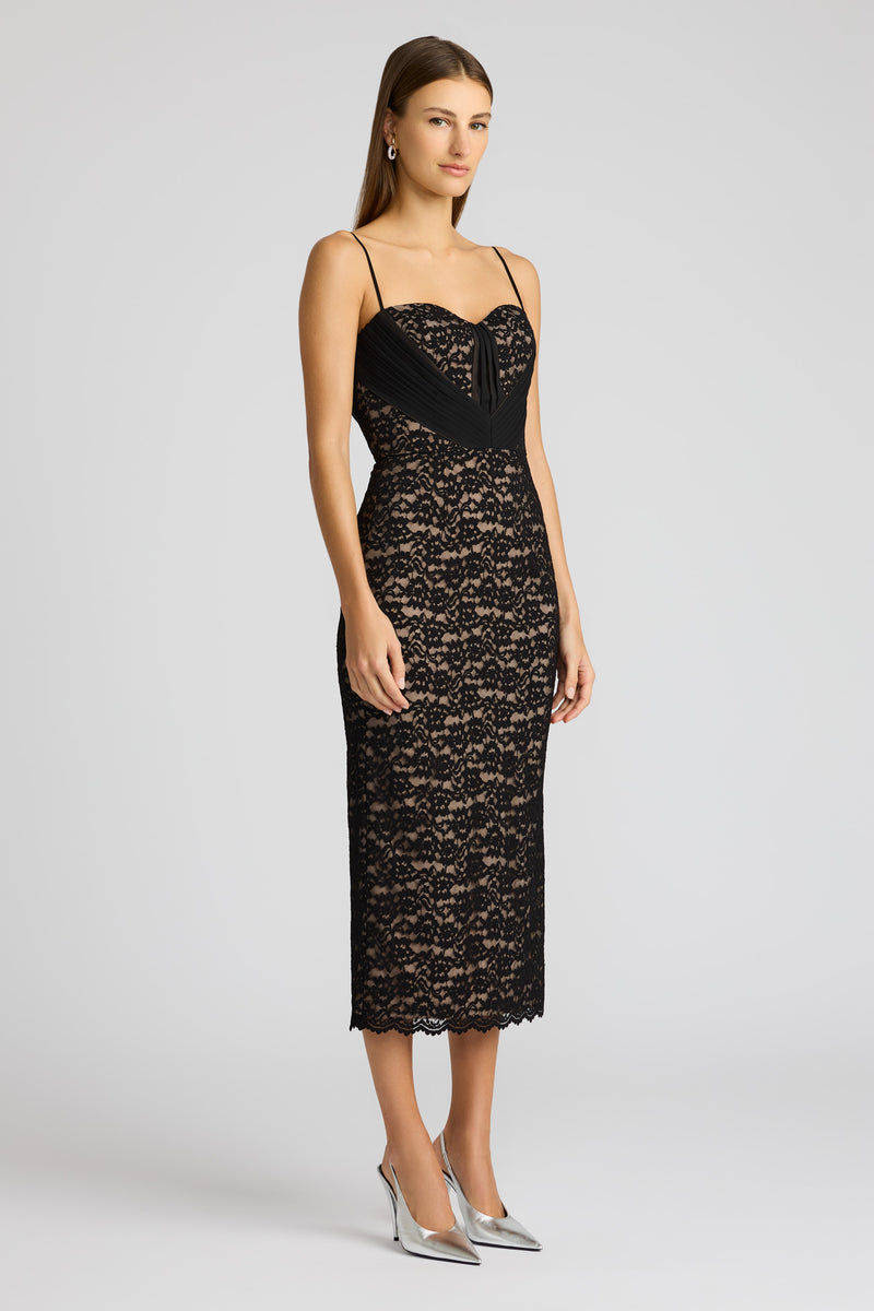 SWEETHEART LACE MIDI DRESS  W/ PLEATED CHIFFON