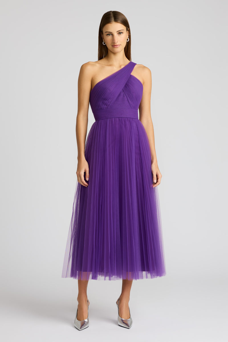 ASYMMETRICAL HALTER PLEATED MIDI DRESS