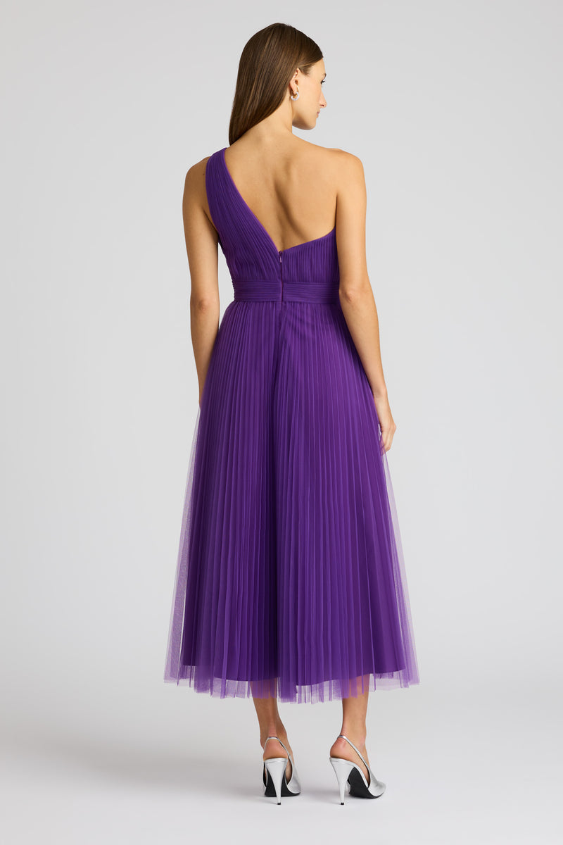 ASYMMETRICAL HALTER PLEATED MIDI DRESS