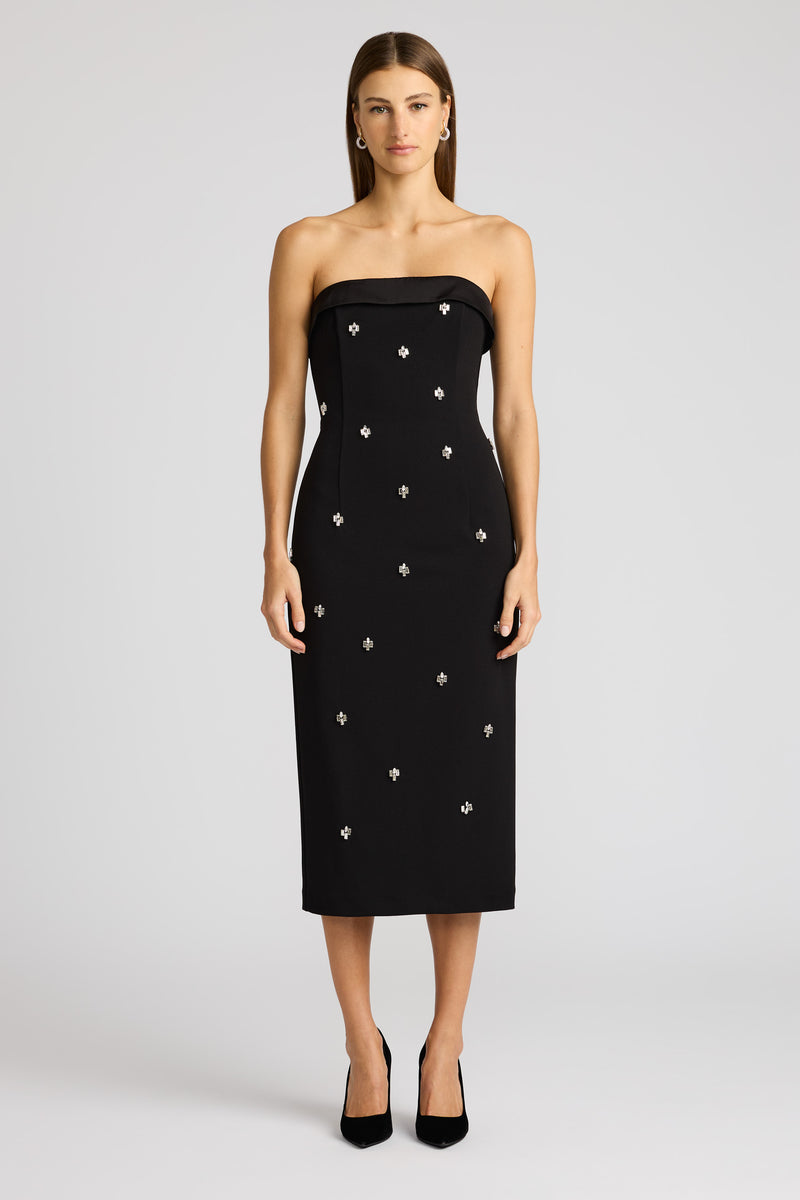 BEADED TUXEDO MIDI DRESS