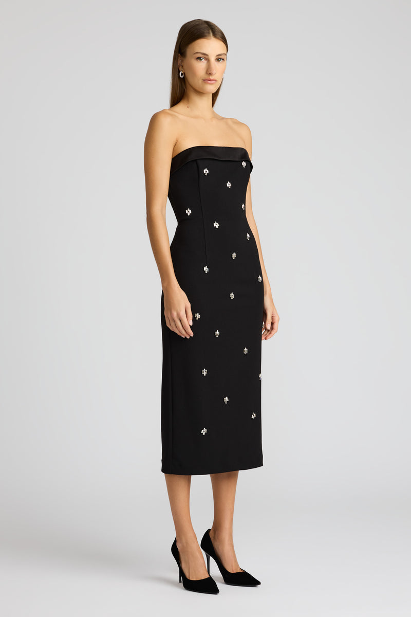 BEADED TUXEDO MIDI DRESS