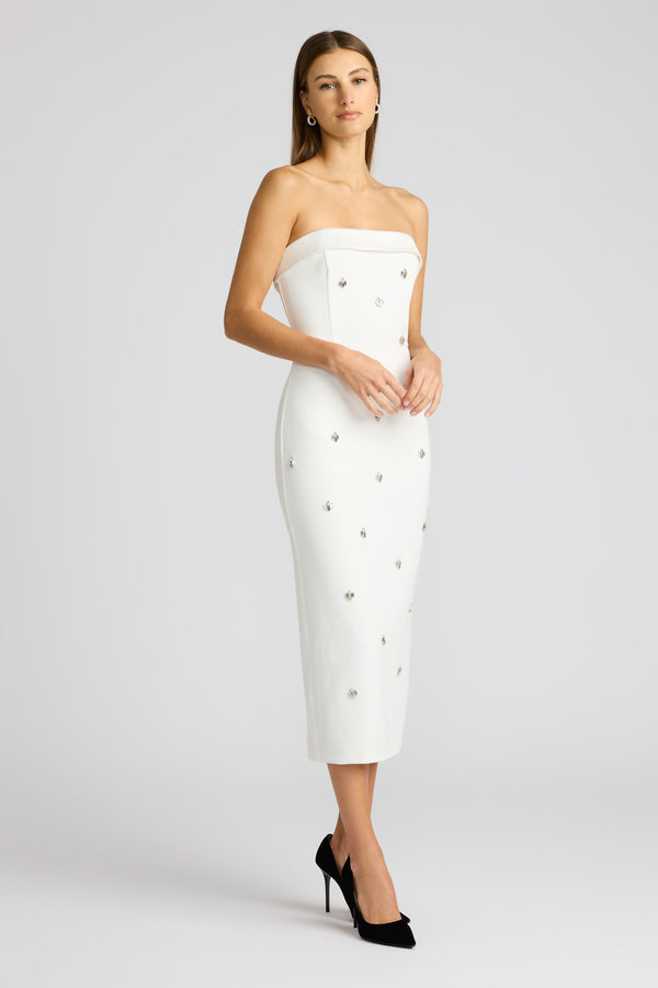 BEADED TUXEDO MIDI DRESS