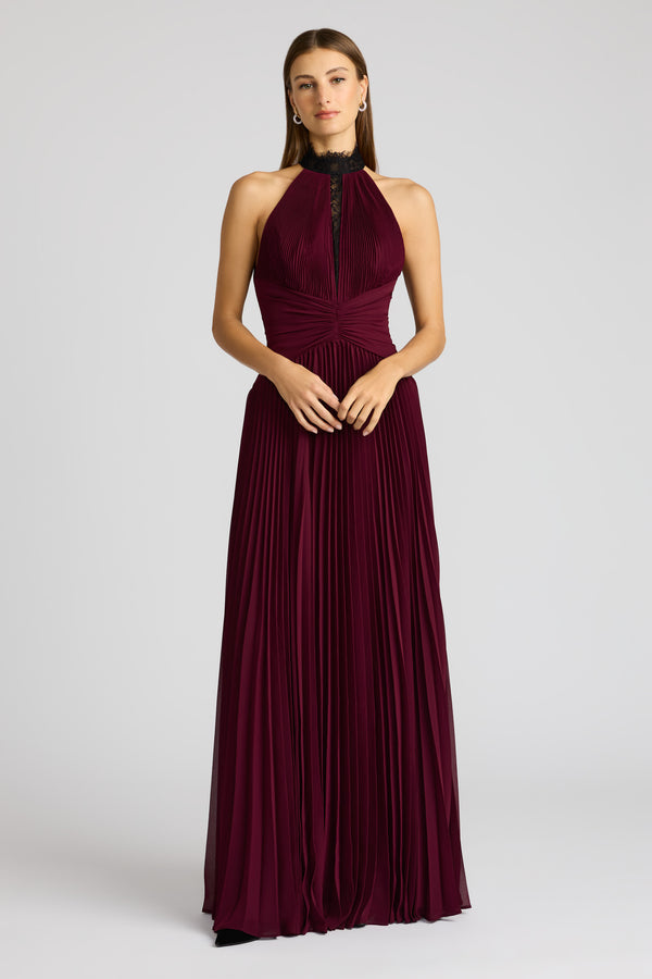 PLEATED CHIFFON GOWN  W/ LACE DETAILING