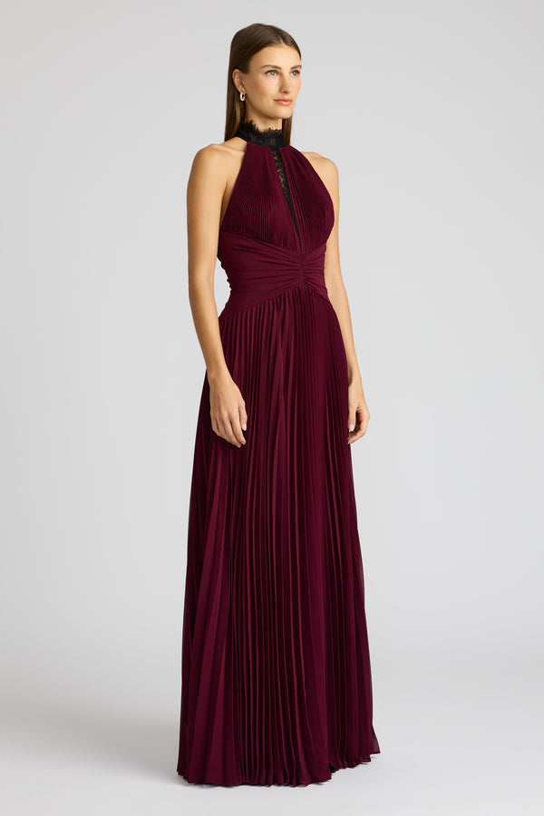 PLEATED CHIFFON GOWN  W/ LACE DETAILING