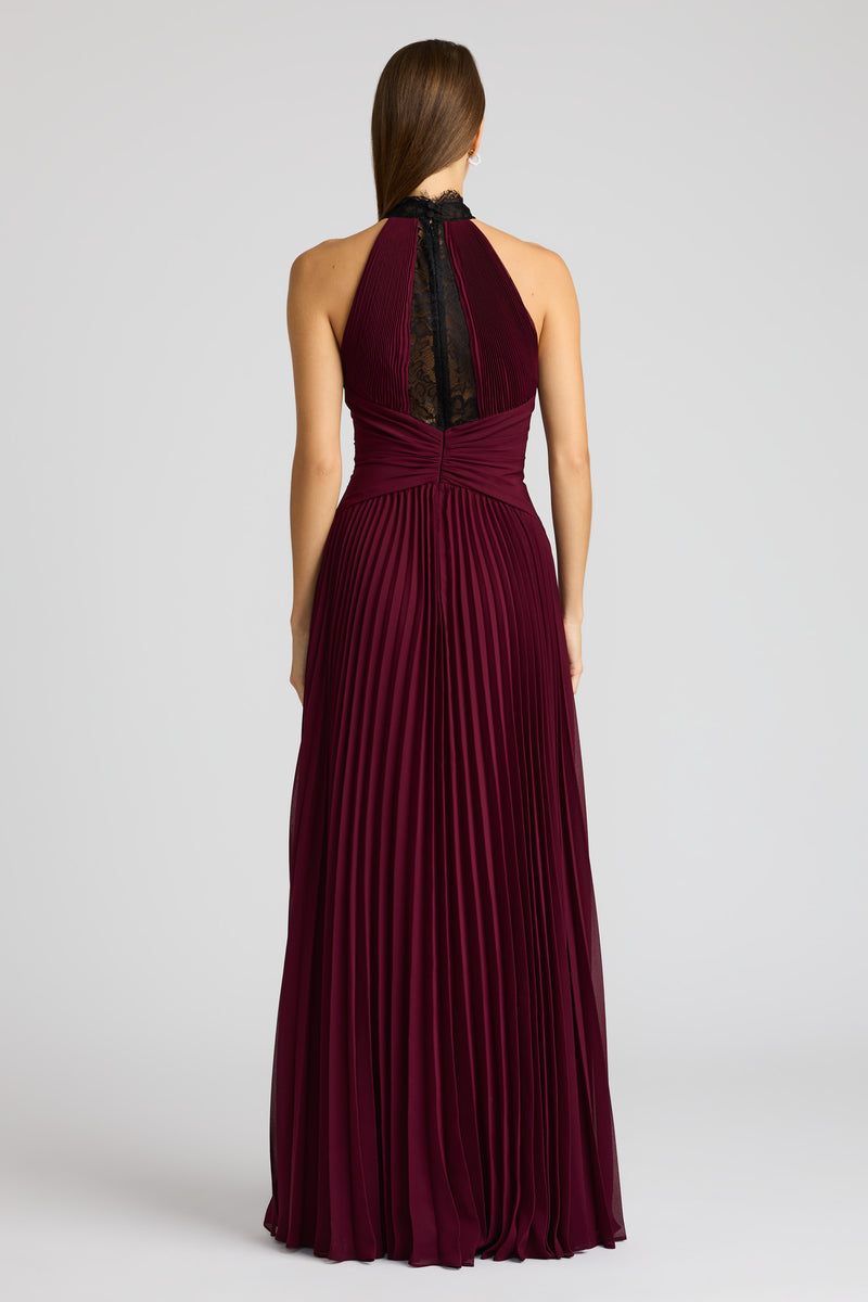 PLEATED CHIFFON GOWN  W/ LACE DETAILING