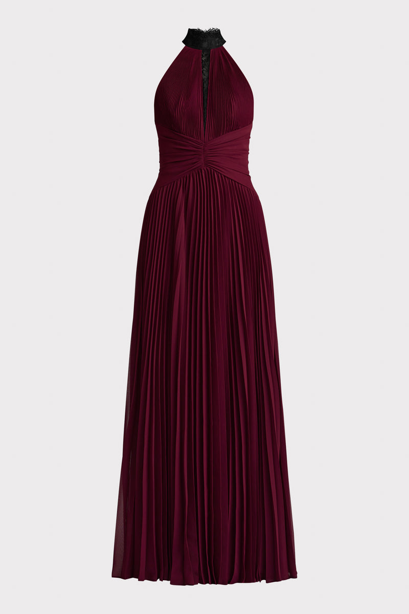 PLEATED CHIFFON GOWN  W/ LACE DETAILING