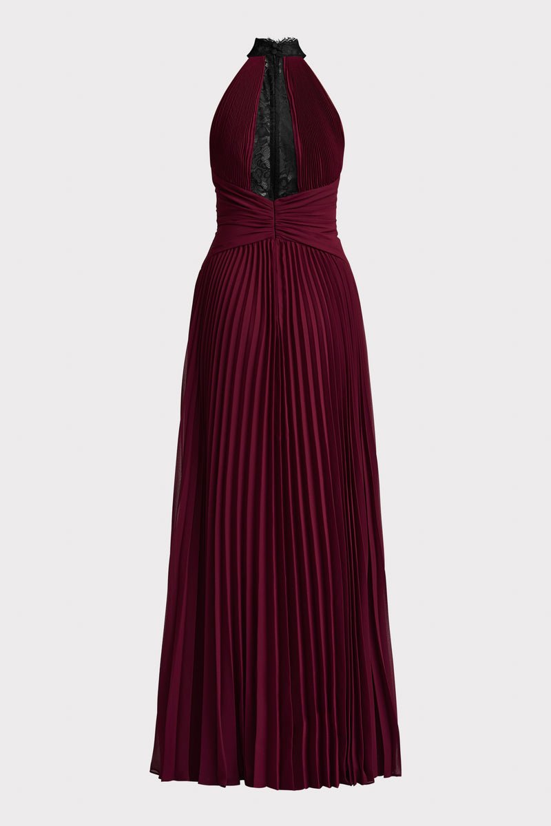 PLEATED CHIFFON GOWN  W/ LACE DETAILING