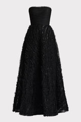 PLEATED TOP GOWN W RUFFLE APPLIQUE SKIRT