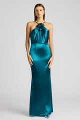 FITTED SATIN GOWN  W/ FLORAL APPLIQUE