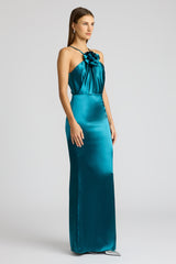 FITTED SATIN GOWN  W/ FLORAL APPLIQUE