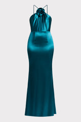 FITTED SATIN GOWN  W/ FLORAL APPLIQUE