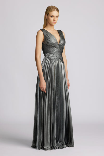 PLEATED METALLIC CHIFFON GOWN