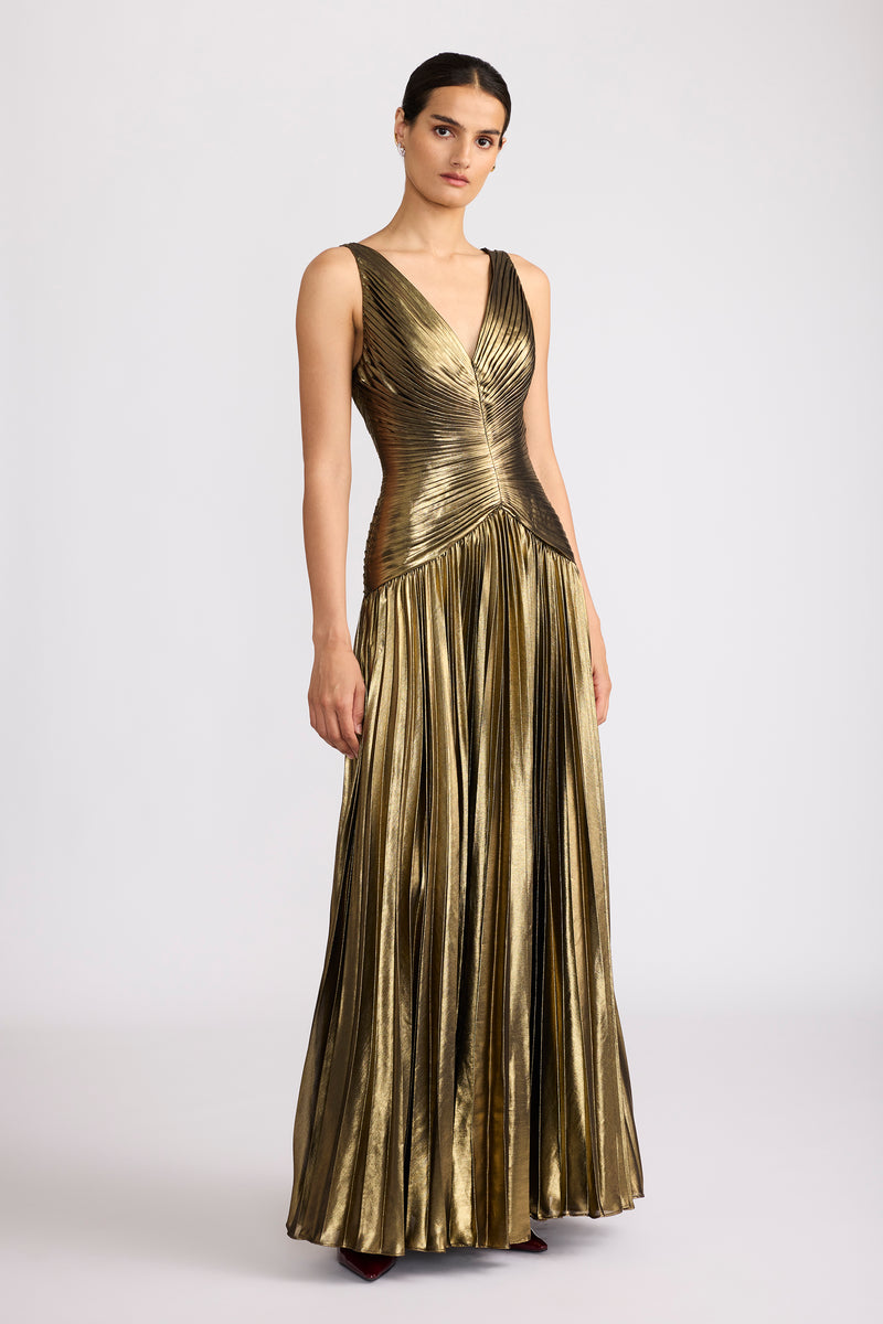 METALLIC PLEATED CHIFFON  GOWN