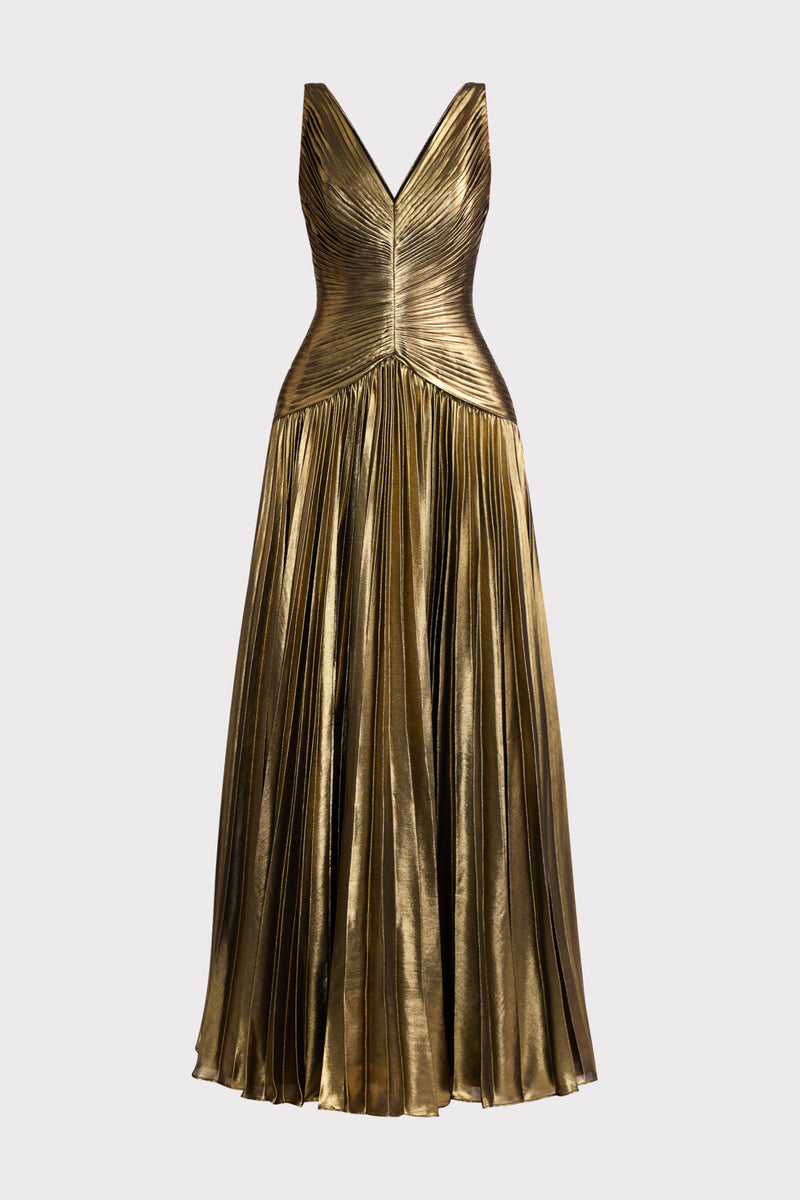 METALLIC PLEATED CHIFFON  GOWN