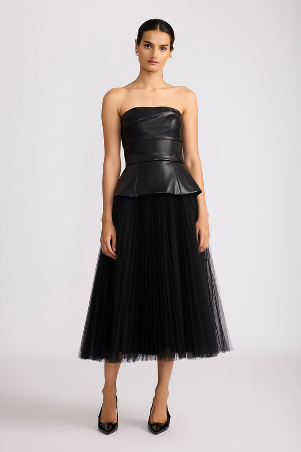 PLEATED TULLE DRESS W/ FAUX LEATHER BUSTIER