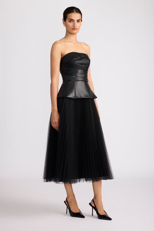 PLEATED TULLE DRESS W/ FAUX LEATHER BUSTIER