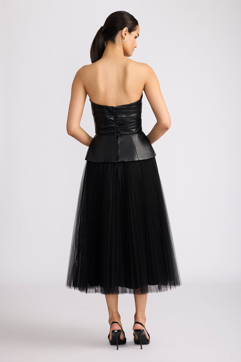 PLEATED TULLE DRESS W/ FAUX LEATHER BUSTIER