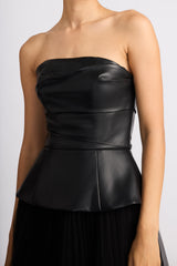 PLEATED TULLE DRESS W/ FAUX LEATHER BUSTIER