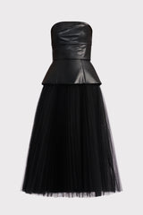 PLEATED TULLE DRESS W/ FAUX LEATHER BUSTIER