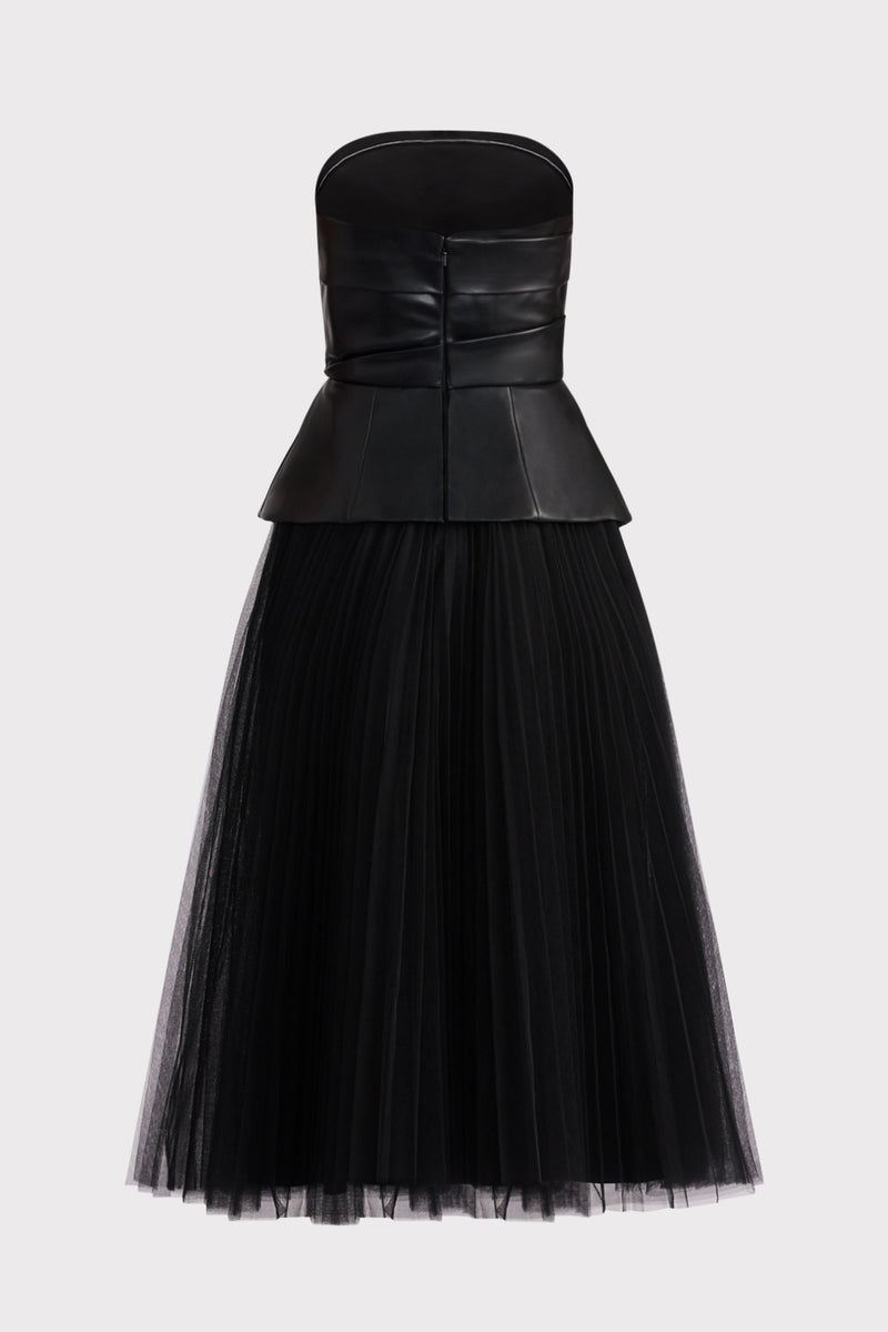 PLEATED TULLE DRESS W/ FAUX LEATHER BUSTIER