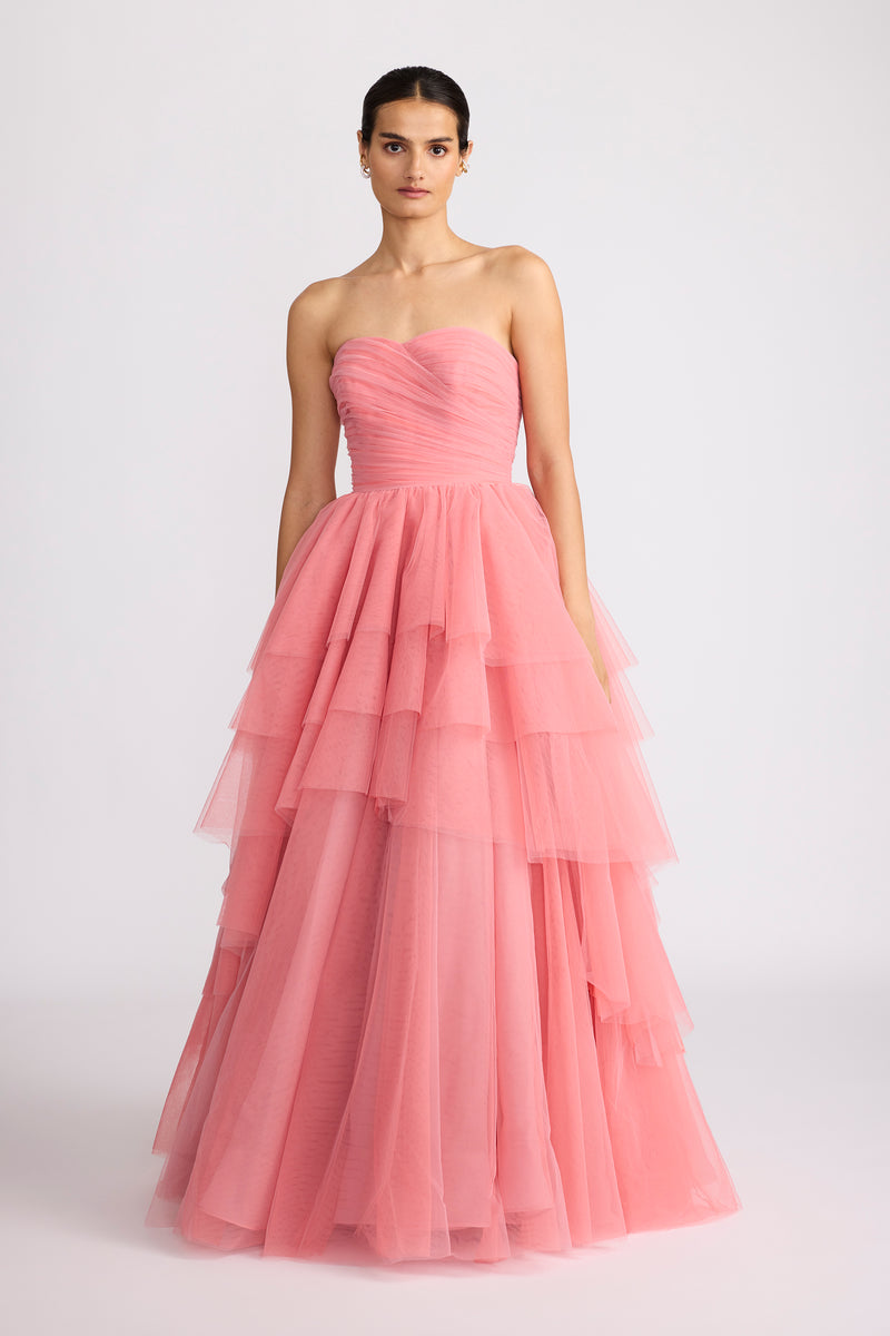 ASYMMETRICAL TIERED TULLE BALL GOWN