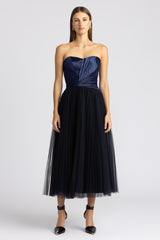 PLEATED BUSTIER DRESS W/ WAIST DRAPE