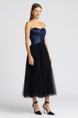 PLEATED BUSTIER DRESS W/ WAIST DRAPE