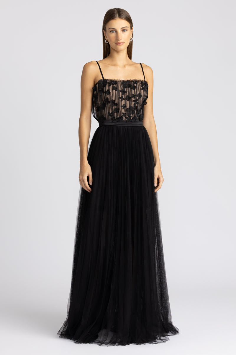 PLEATED TOP GOWN W/ FLOWER APPLIQUE