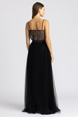 PLEATED TOP GOWN W/ FLOWER APPLIQUE
