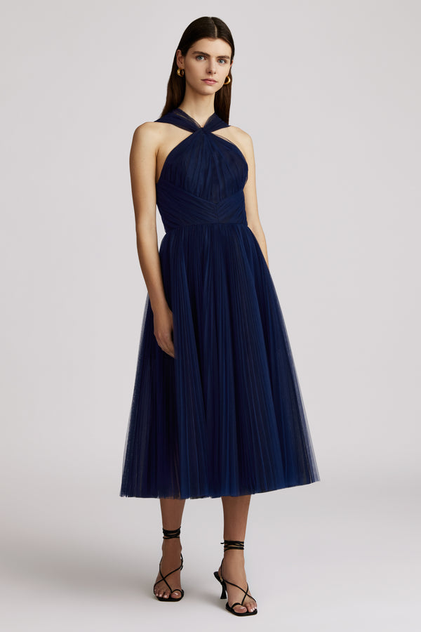 PLEATED HALTER NECK TULLE DRESS