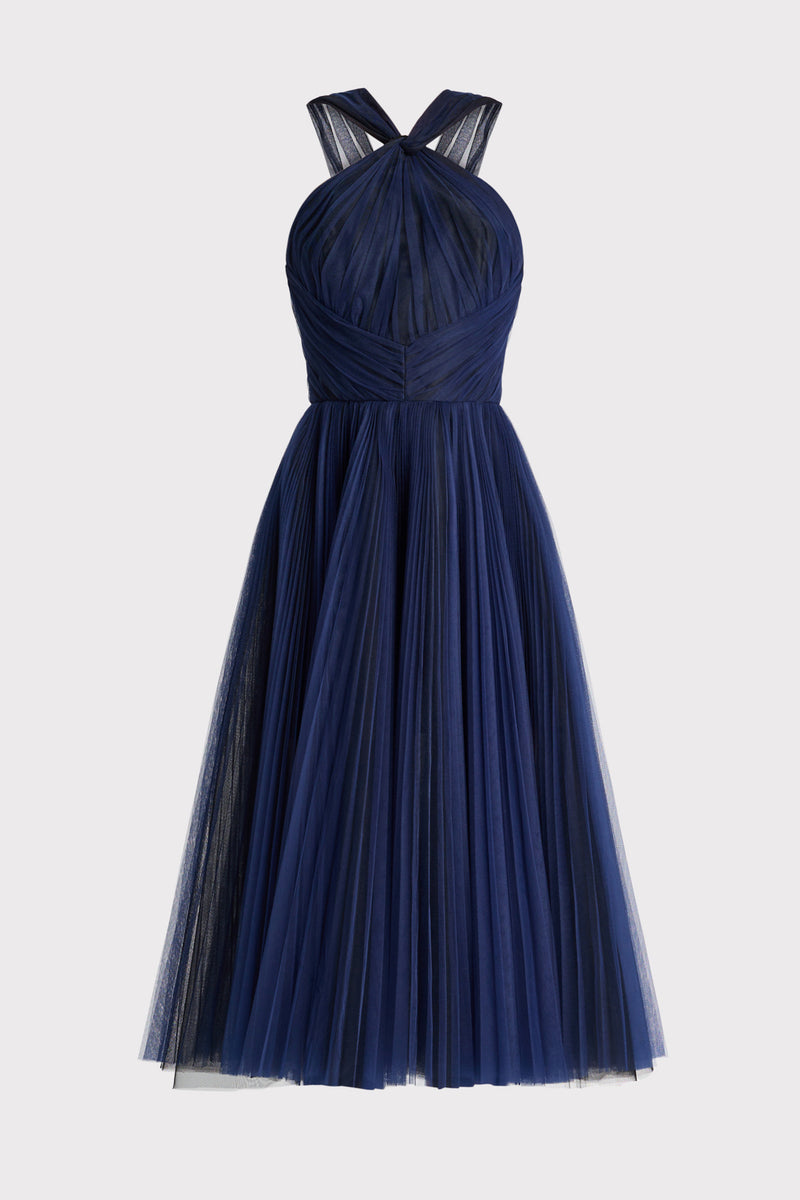 PLEATED HALTER NECK TULLE DRESS