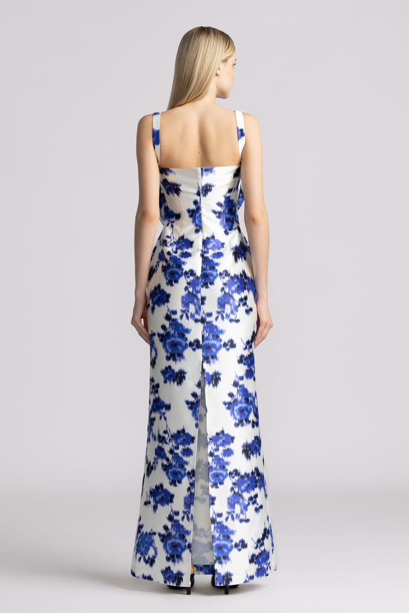 FLORAL PRINT MIKADO GOWN WITH BOW